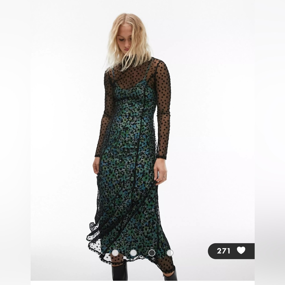 Topshop flocked floral mesh midi dress